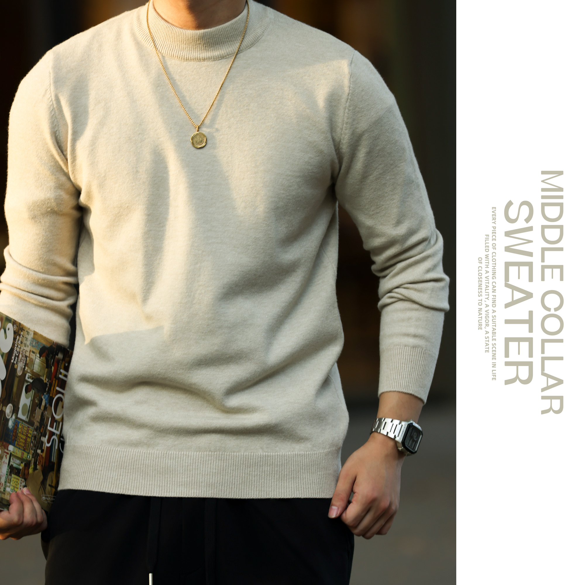 美式休閒自發熱半高領綿羊毛衫男修身保暖打底針織上衣