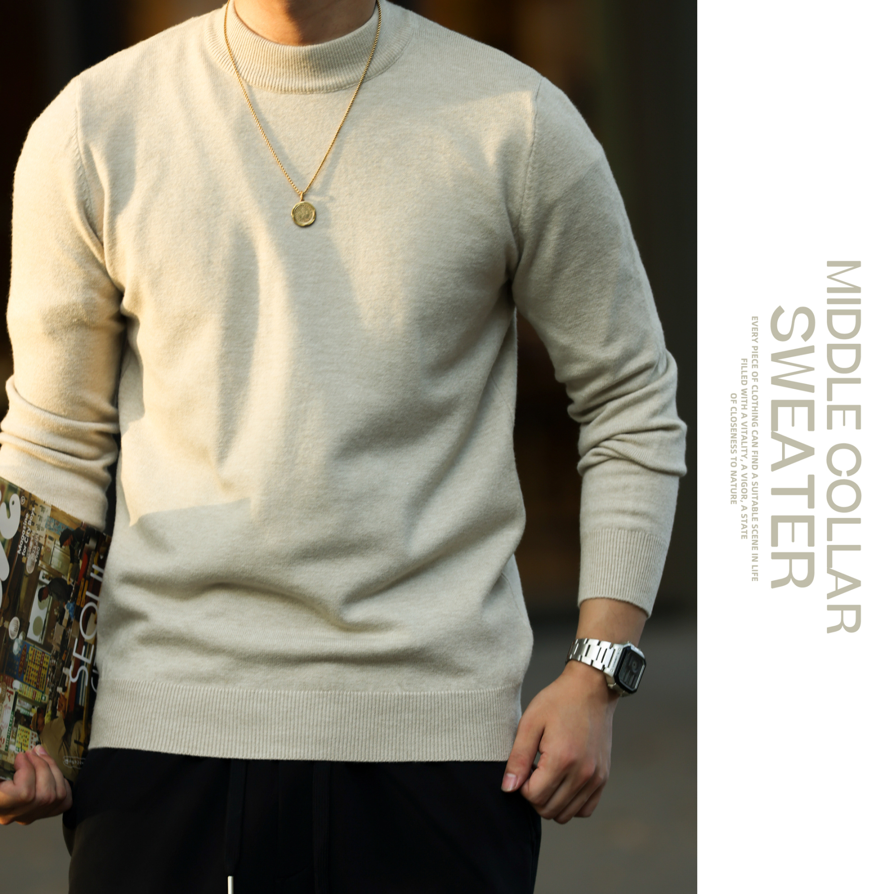 美式休閒自發熱半高領綿羊毛衫男修身保暖打底針織上衣