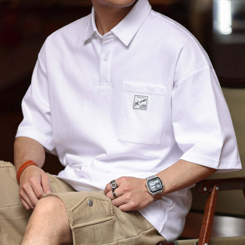 日系痞帥短袖POLO衫男士口袋貼標翻領美式復古重磅保羅T恤夏-Retro's Wear