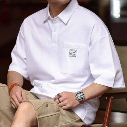 日系痞帥短袖POLO衫男士口袋貼標翻領美式復古重磅保羅T恤夏-Retro's Wear