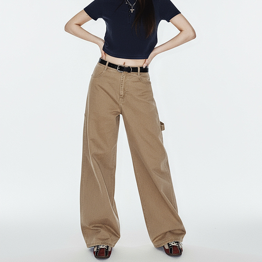 卡其色復古工裝巴恩風伐木褲純棉窄版直筒顯瘦長褲子女士秋冬