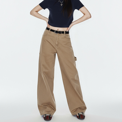 卡其色復古工裝巴恩風伐木褲純棉窄版直筒顯瘦長褲子女士秋冬