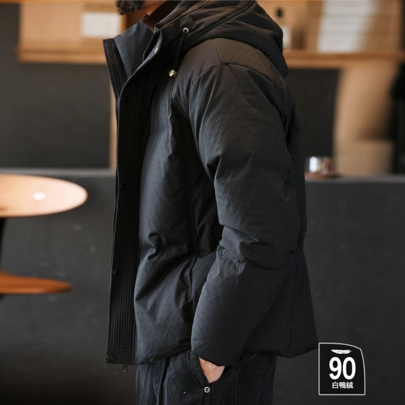 冬季泡泡肌理連帽羽絨服男美式復古90白鴨絨麵包服外套