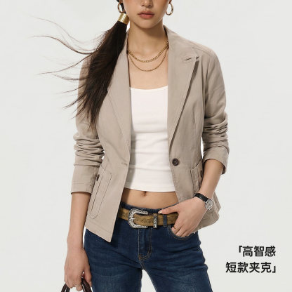 卡其色戧駁領單排扣休閒正肩收腰修身小西裝短夾克外套女士春