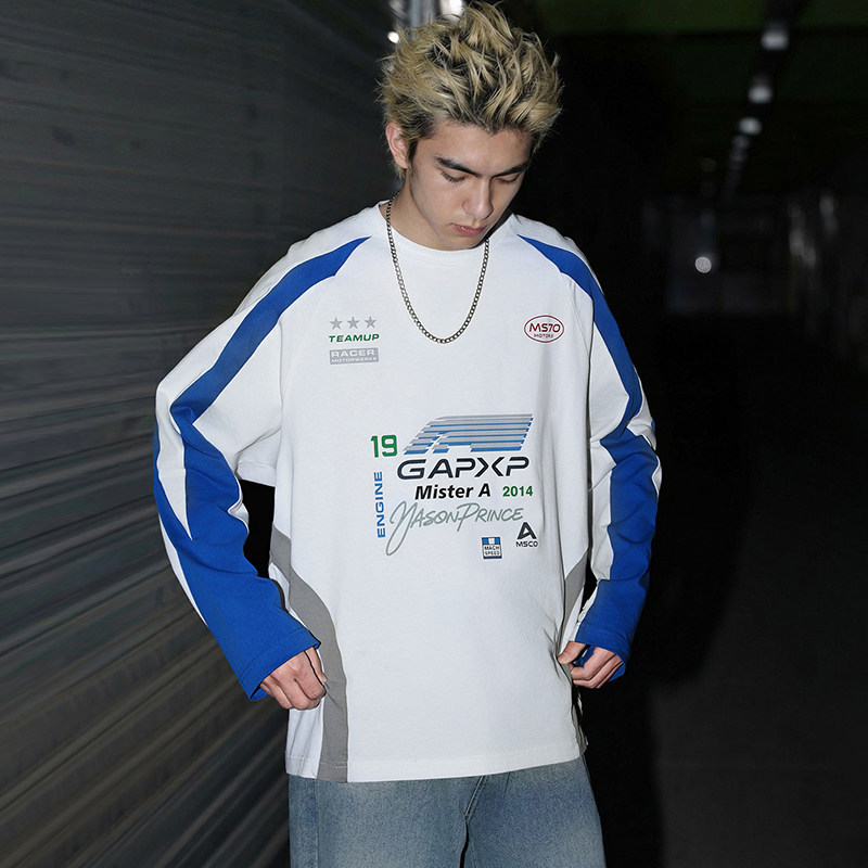 MRA F1狂飆飛車競速藍賽車長袖T恤撞色插肩袖上衣純棉打底衫春