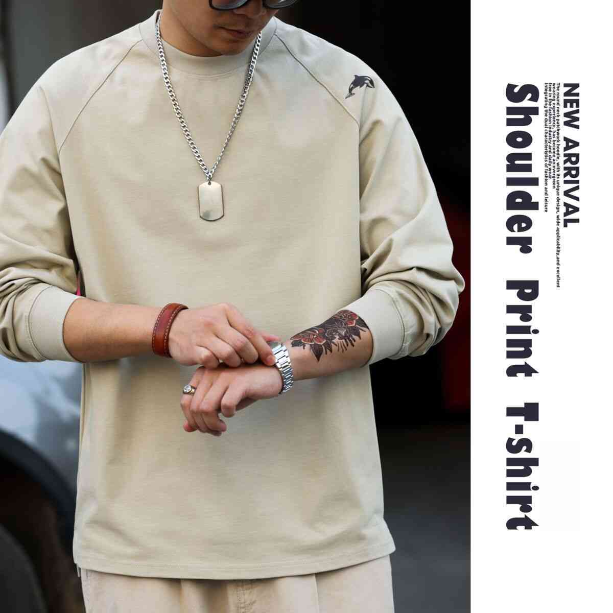 美式休閒300g重磅插肩長袖T恤男鯨魚印花三本針純棉TEE