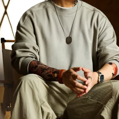 日系復古阿爾曼重磅衛衣男寬鬆圓領390g螺紋拼接淨版上衣秋-Retro's Wear