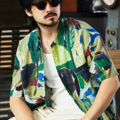 美式休閒110g夏威夷塗鴉花襯衫男夏日沙灘度假短袖襯衣