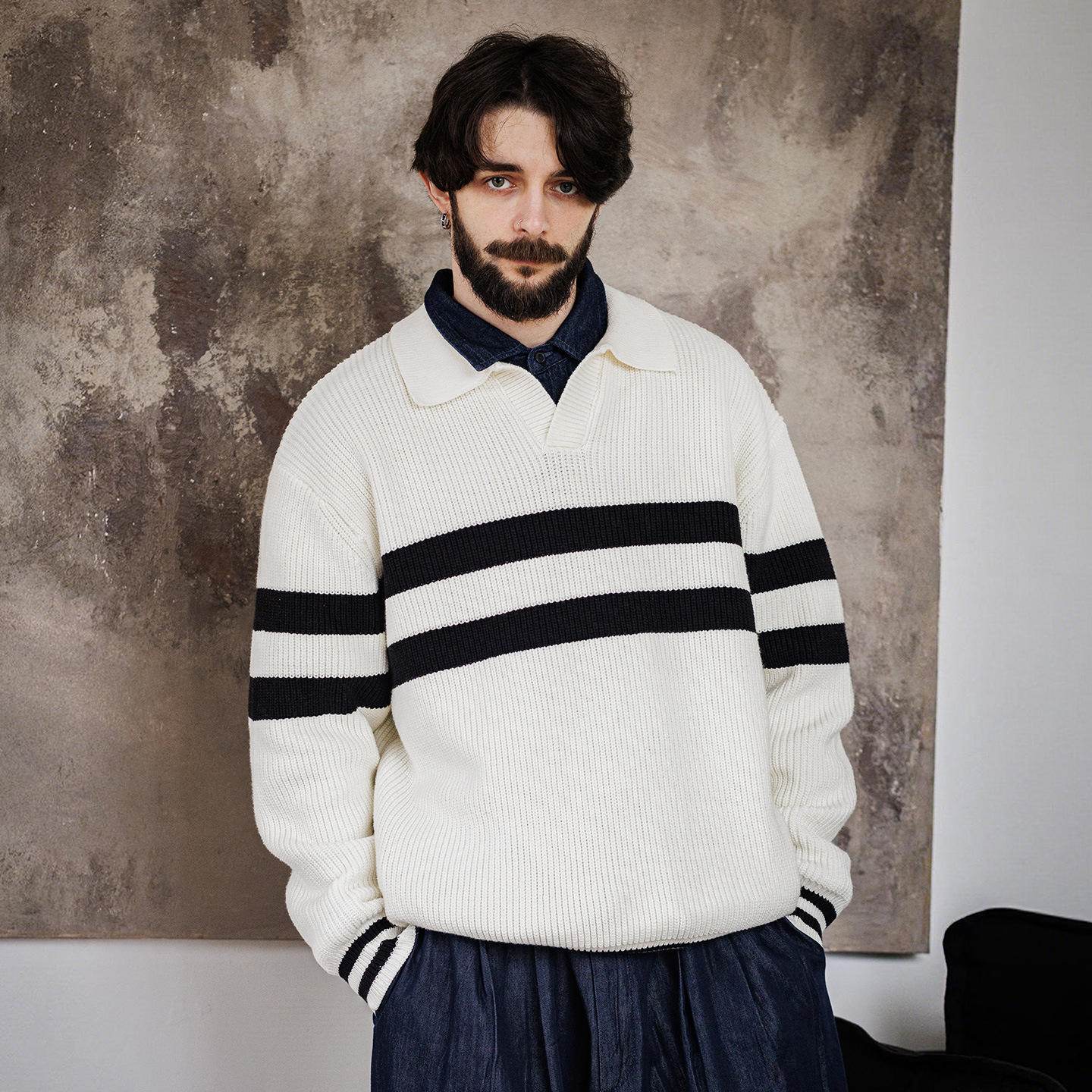 MRA海鷗領polo毛衣條紋套頭V領內搭加絨加厚翻領針織衫潮男冬