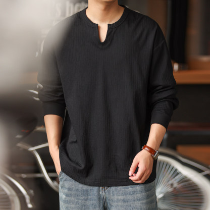 美式休閒小V領長袖T恤男士220g豎向坑條肌理感打底衫秋