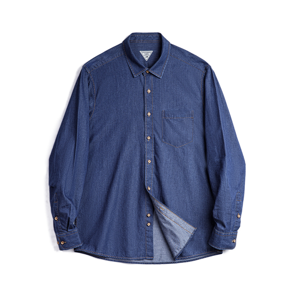 美式復古單口袋工裝牛仔襯衫丹寧休閒長袖修身襯衣男春季