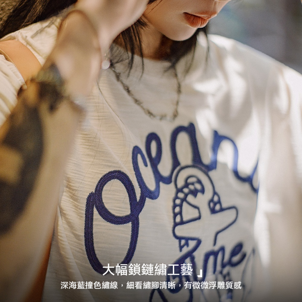 美式復古海軍刺繡T恤白色重磅竹節棉螺紋領口短袖女夏季上衣