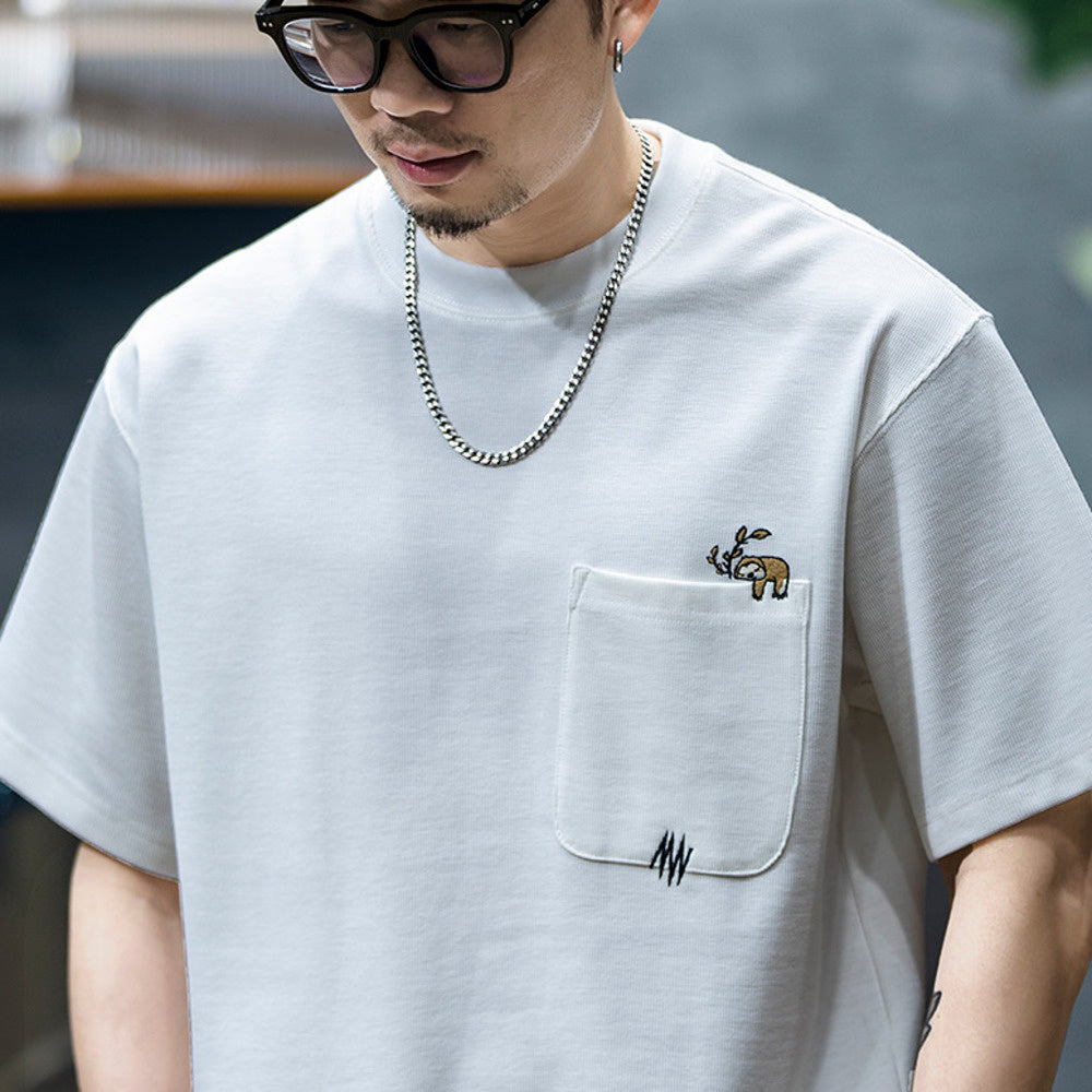 260g米格短袖t恤男夏季新款潮牌小樹懶刺繡口袋寬鬆休閒半袖T恤