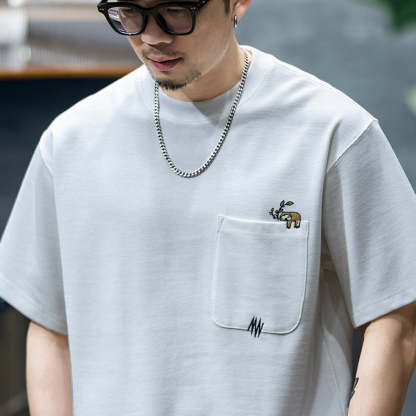 260g米格短袖t恤男夏季新款潮牌小樹懶刺繡口袋寬鬆休閒半袖T恤