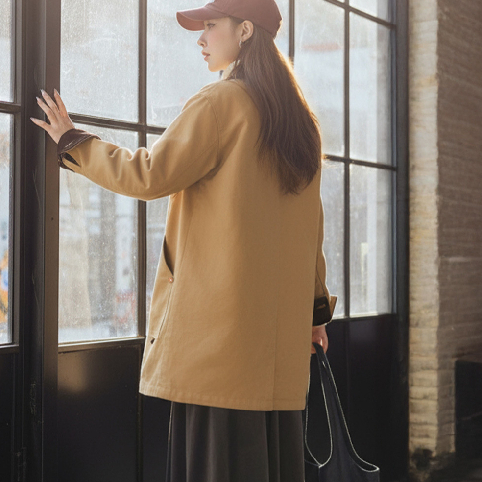 美式復古密歇根風衣卡其色巴恩風中長款廓形夾克外套女士秋冬