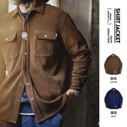 美式復古重磅針織條絨襯衫夾克仿燈芯絨翻領外套男秋冬季-Retro's Wear