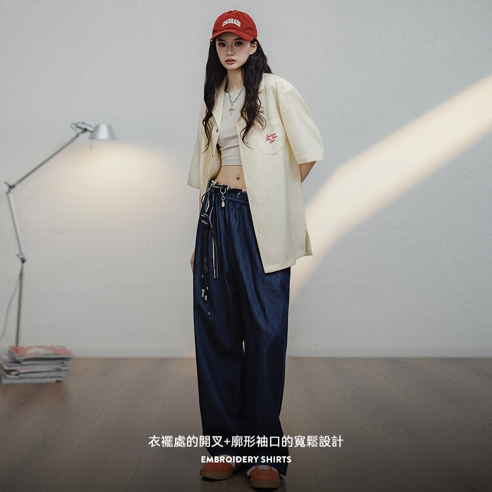 夏威夷風刺繡襯衫設計感寬鬆休閒T恤美式復古短袖襯衣夏季女