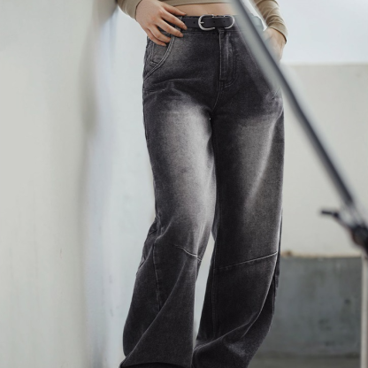 窄版闊腿牛仔褲立體裁剪香蕉褲顯瘦直筒褲垂感拖地褲子春秋女-Retro's Wear