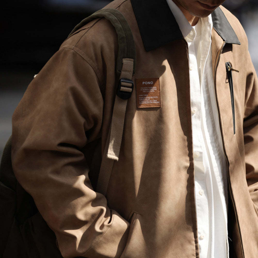 美式復古PU皮卡哈特夾克男質感痞帥廊型撞色翻領機車外套-Retro's Wear