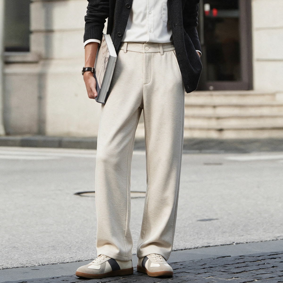 醋酸羊毛重磅花紗肌理感毛呢西褲男士磨毛直筒休閒褲