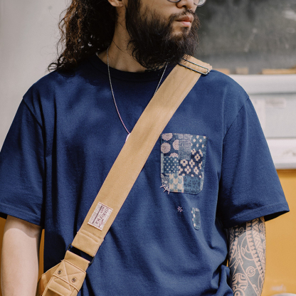 植物藍染古布拼接口袋T恤美式復古indigo純棉上衣男夏季