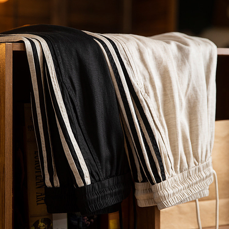 萊賽爾亞麻薄款休閒褲男夏季新款美式條紋男士垂感直筒長褲子