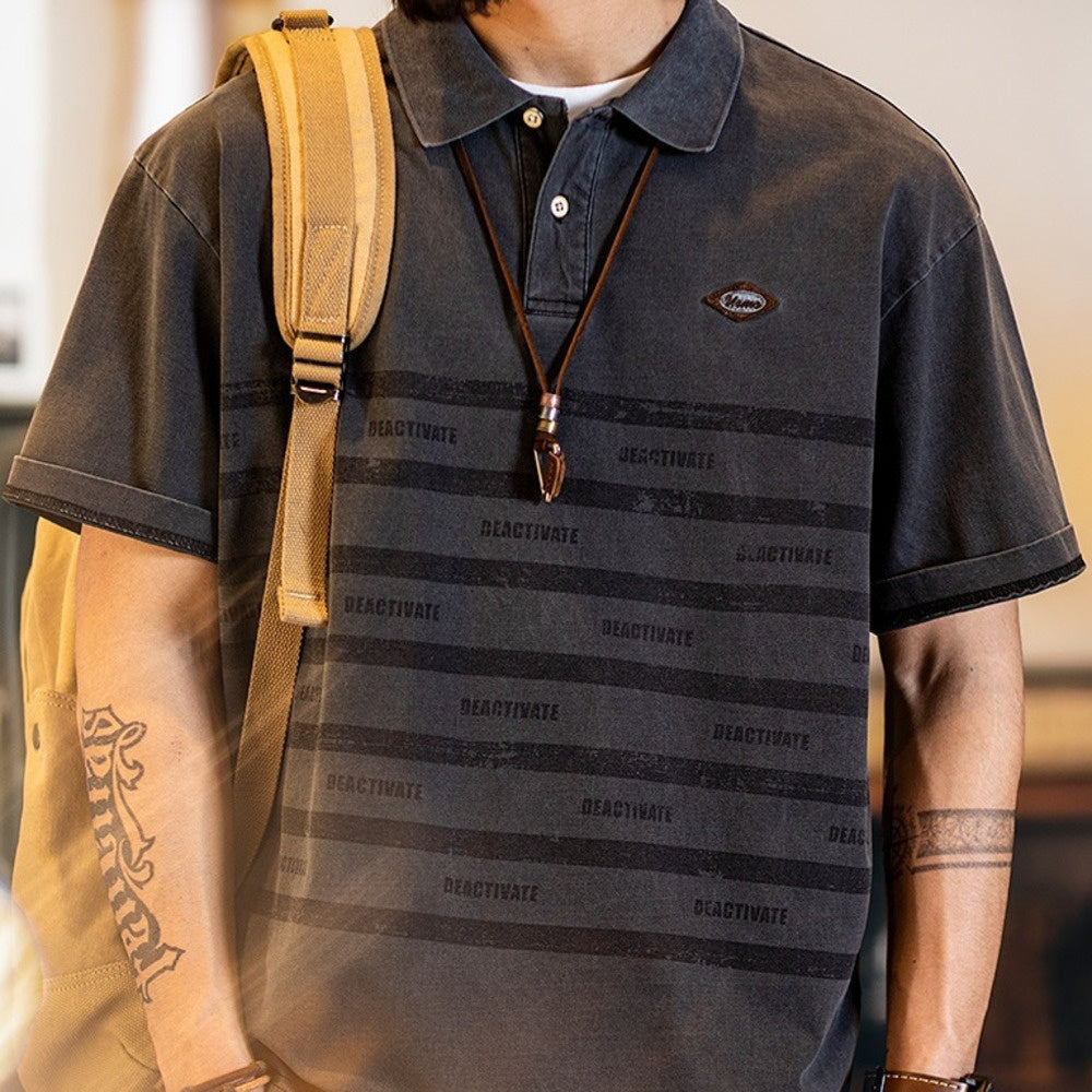 美式條紋印花polo衫男短袖t恤夏季2025新款純棉復古水洗半袖男