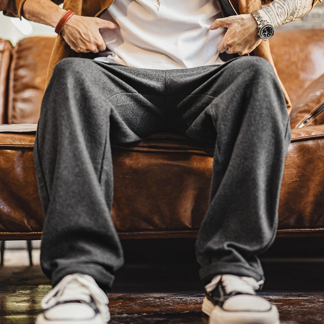 美式灰黑色毛呢西褲老錢風直筒休閒褲垂墜感長褲子男秋冬