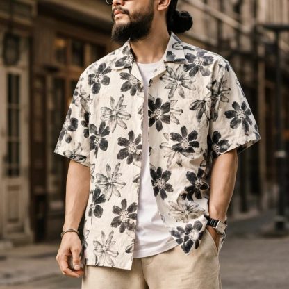 老錢風花瓣塗鴉印花襯衫男士夏季薄款透氣寬鬆垂感短袖襯衣