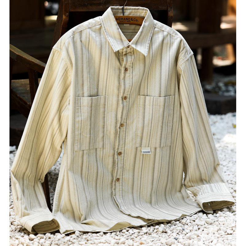 日系復古高級感cleanfit豎條紋襯衫翻領小眾設計感長袖襯衣-Retro's Wear
