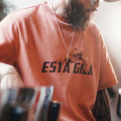 美式复古印花短袖圓領落肩落日橘紅色男款針織T恤夏季