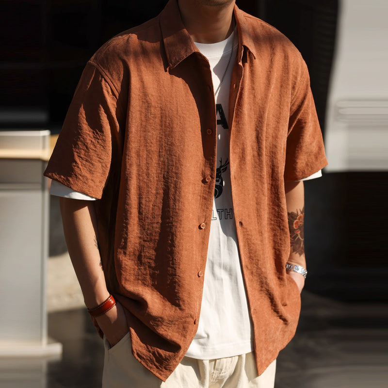 夏日橙色休閒短袖襯衫男美式寬鬆抗皺高級感痞帥疊穿襯衣