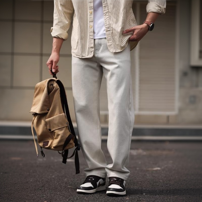 【西部牧場】12.8oz四面彈白色牛仔褲男合體直筒休閒長褲