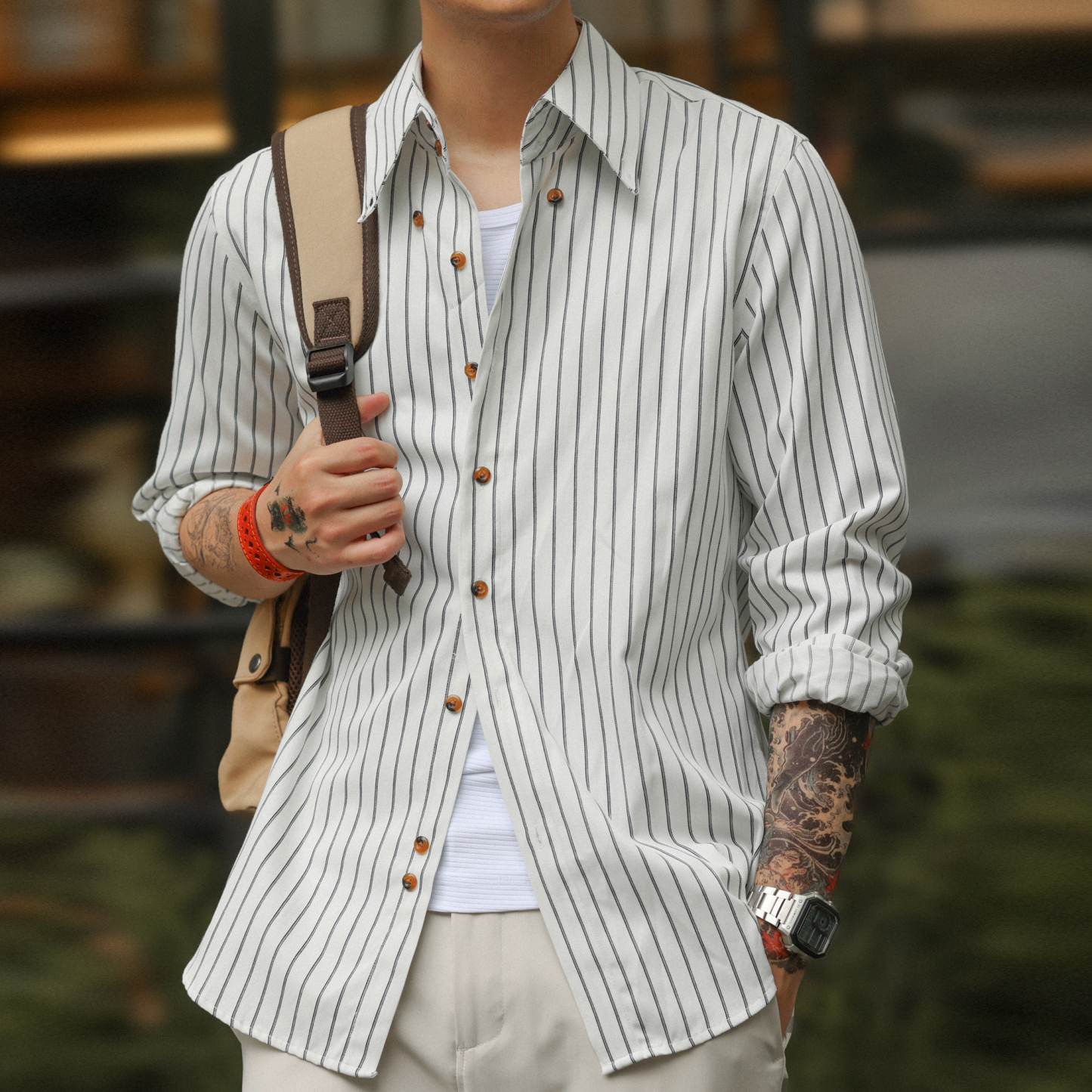 美式復古薄款咖色條紋襯衫男修身通勤休閒長袖襯衣外套