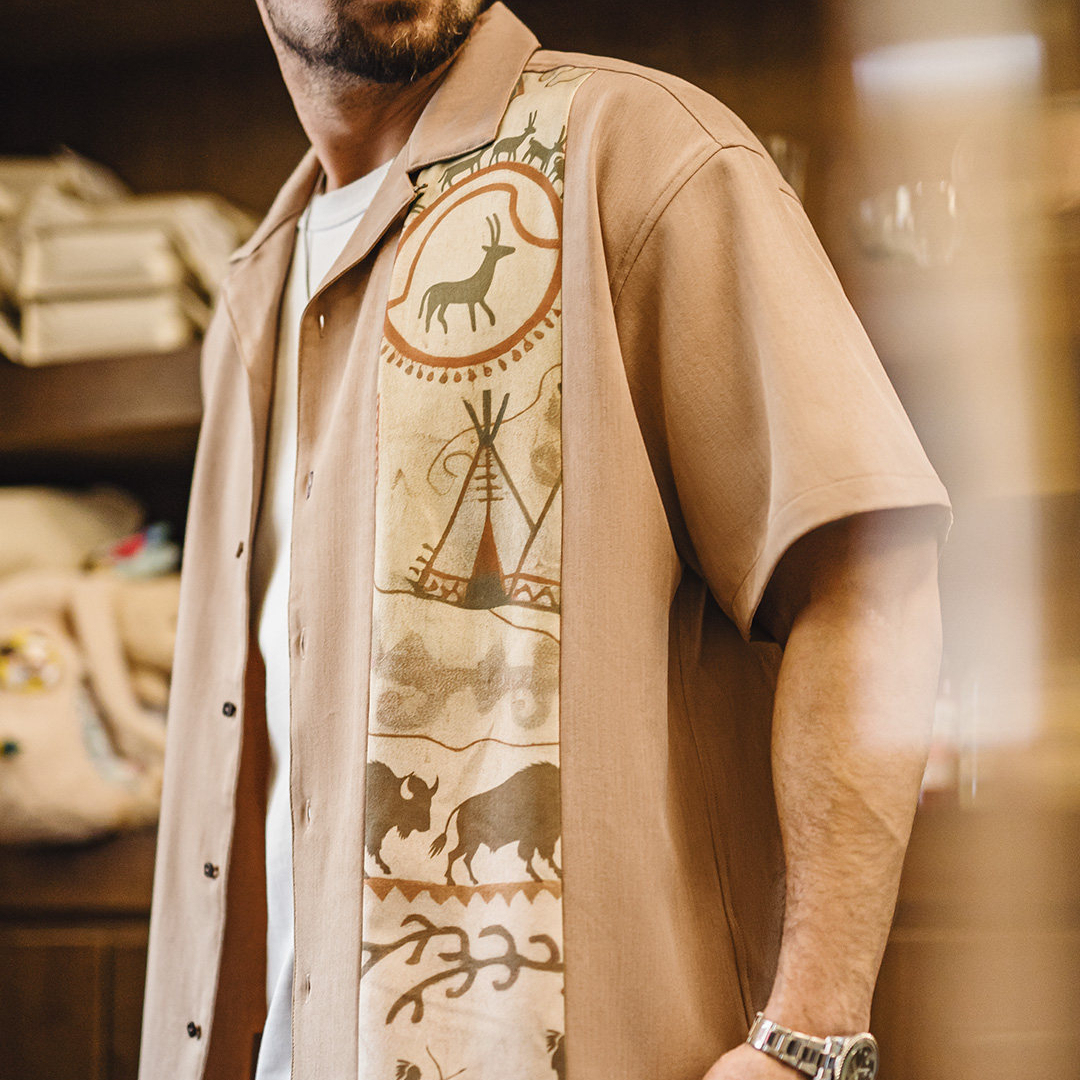 美式復古印花古巴領襯衫印第安薄款短袖棉襯衣外套男士夏