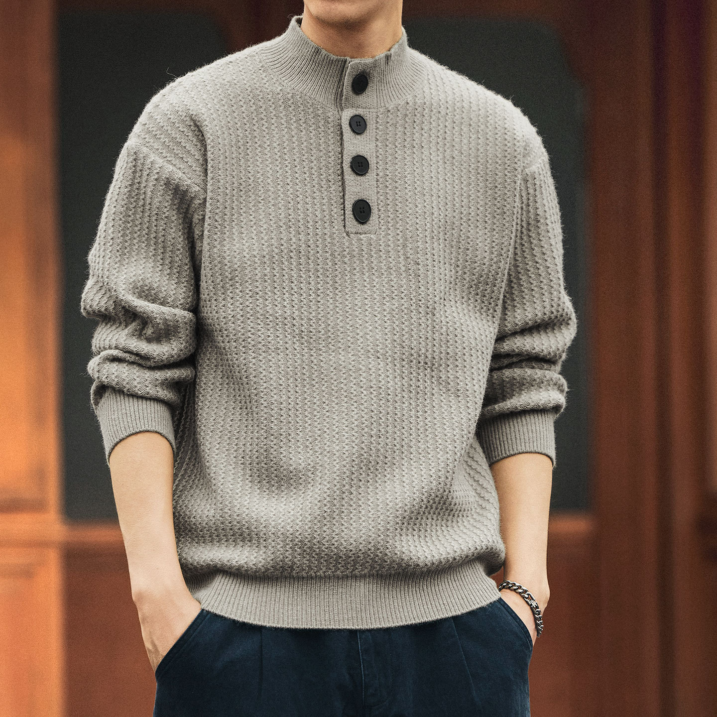 新中式半高領豎紋提花肌理感針織衫男士秋冬款加厚重磅毛衣
