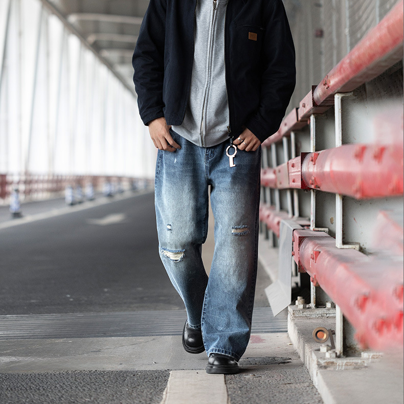 MRA復古內華達水洗猫須直筒軟牛仔褲不規則破洞淺藍長褲男秋