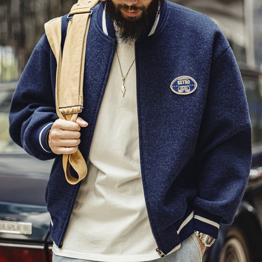 美式復古藍色針織棒球服夾克痞帥刺繡撞色短款外套男士秋