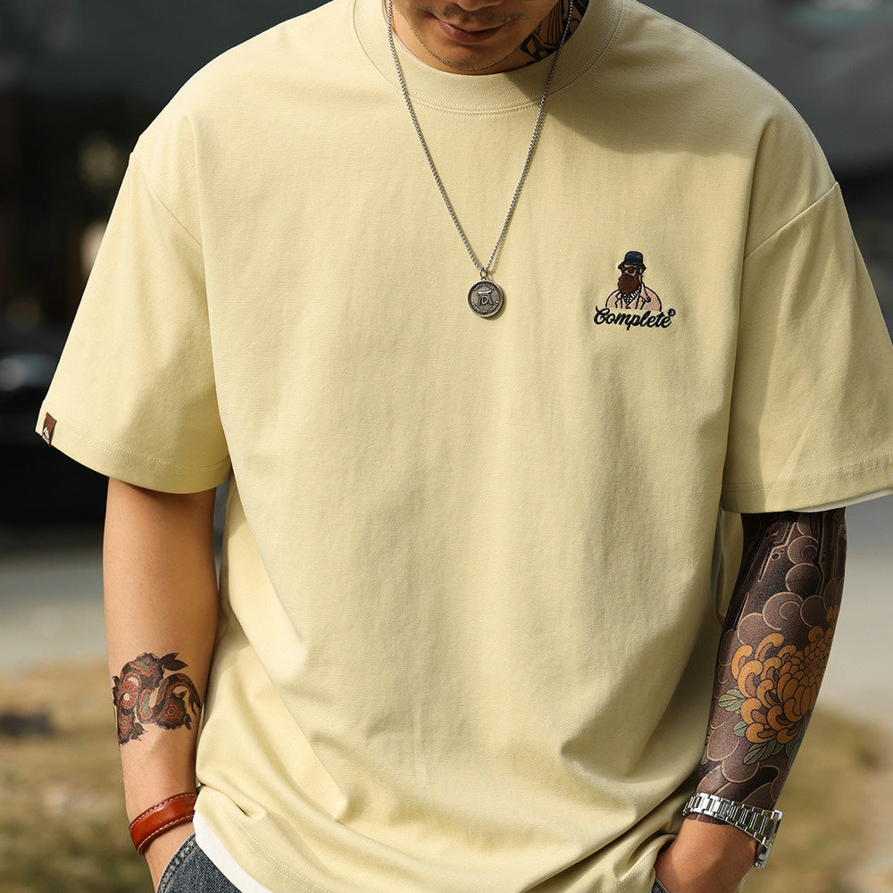 美式休閒趣味刺繡短袖T恤男210g雙面棉安可拉紅色打底衫