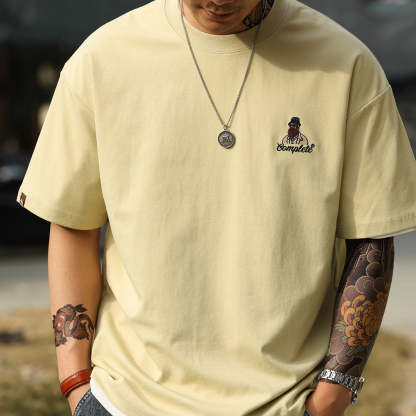 美式休閒趣味刺繡短袖T恤男210g雙面棉安可拉紅色打底衫