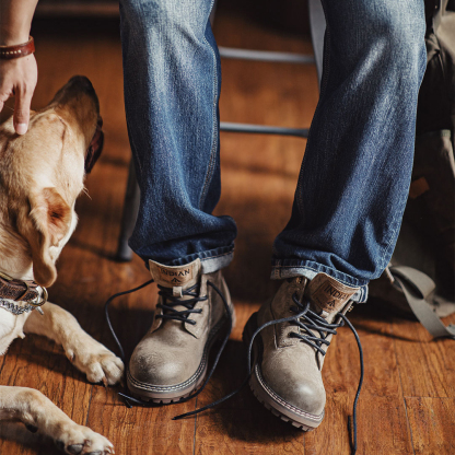 工裝靴男鞋秋冬新款美式復古真皮高級感棕色中幫休閒百搭靴子