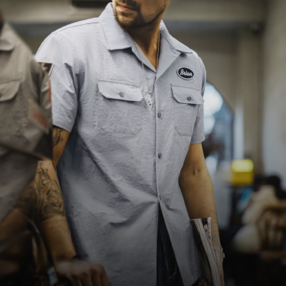 美式復古速度與激情同款古巴領襯衫硬漢vintage襯衣男夏