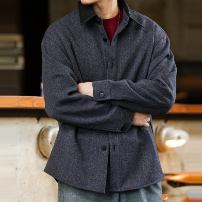 美式復古720g羊毛呢保暖襯衣外套男拼接皮質翻領襯衫冬