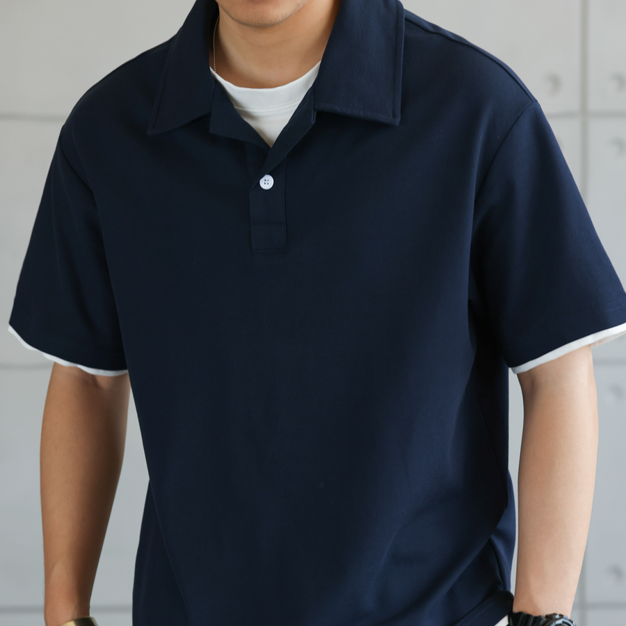美式珠地假兩件古巴領POLO衫男通勤休閒薄款翻領短袖T恤