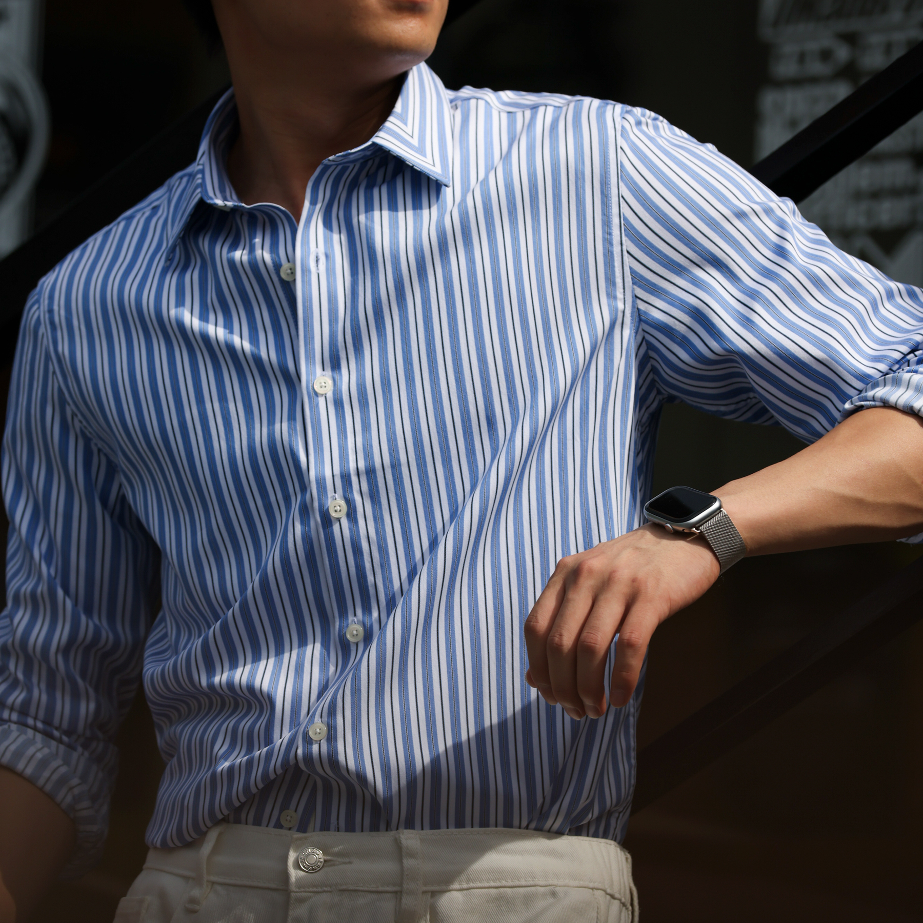 130g莫代爾豎條紋長袖襯衫男休閒親膚免燙輕奢感襯衣秋