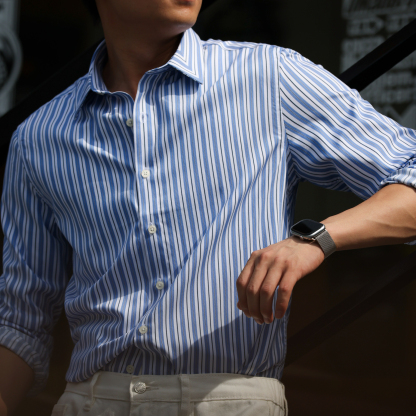 130g莫代爾豎條紋長袖襯衫男休閒親膚免燙輕奢感襯衣秋