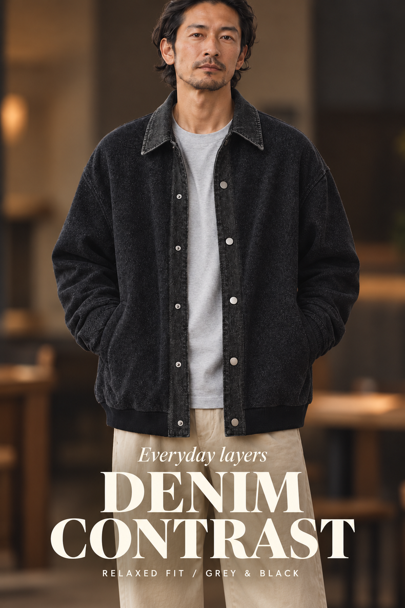 日系復古牛仔拼接翻領外套｜寬鬆落肩按扣夾克 · 02-poster