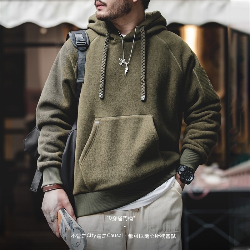 美式休閒重磅搖粒絨衛衣連帽百搭加厚抓絨套頭衫男秋冬-Retro's Wear