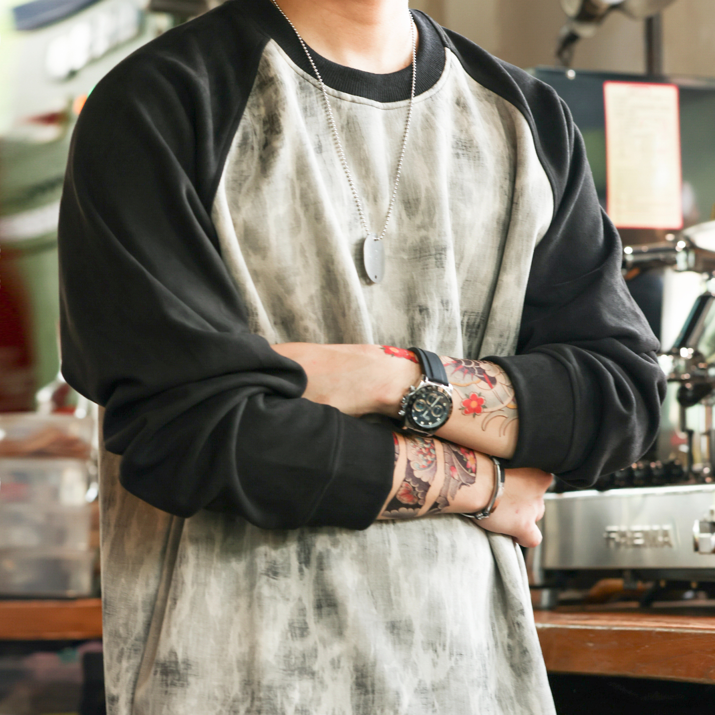 水墨暈染插肩袖重磅T恤男360g美式大理石紋撞色長袖衛衣