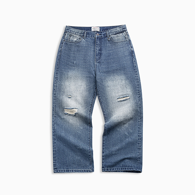 MRA復古內華達水洗猫須直筒軟牛仔褲不規則破洞淺藍長褲男秋